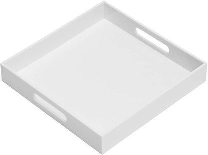 Glossy White Sturdy Acrylic Serving Tray with Handles-14x14Inch-Serving Coffee,Appetizer,Breakfast,Butler-Kitchen Countertop Tray-Makeup Drawer Organizer-Vanity Table-Ottoman Tray