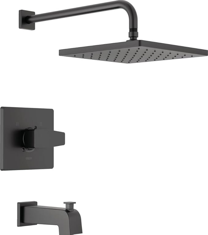 Delta Faucet Modern Raincan Square Single-Function Tub and Shower Trim Kit Black, Tub Faucet Set, Rainfall Shower Head Black, Delta Shower Trim Kit, Matte Black T14468-BL-PP (Valve Not Included)