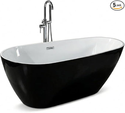 59" Freestanding Acrylic Bathtub, Deep Soaking Tub with Non-Slip Base & Chrome Drain, cUPC Certified, Black Pearl