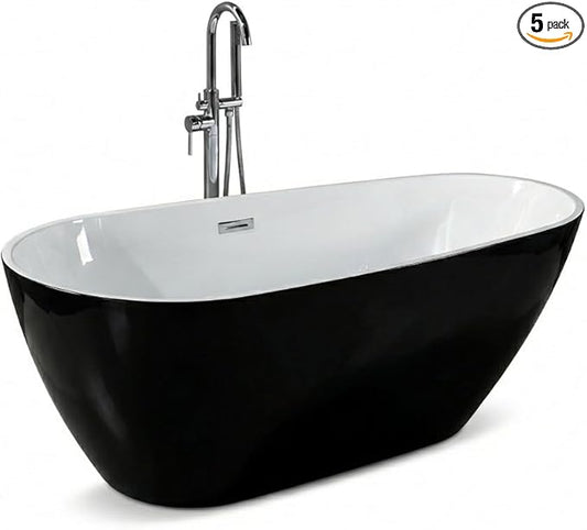 59" Freestanding Acrylic Bathtub, Deep Soaking Tub with Non-Slip Base & Chrome Drain, cUPC Certified, Black Pearl