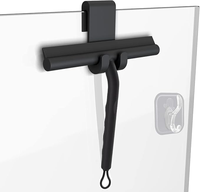 Squeegee for Shower Glass Doors, Resilient Loop - No-Drill & Adhesive Hook, Silicone Shower Squeegee with Stainless Steel Core, Cleaning Tool for Home, Kitchen, Bathroom & Car - Black