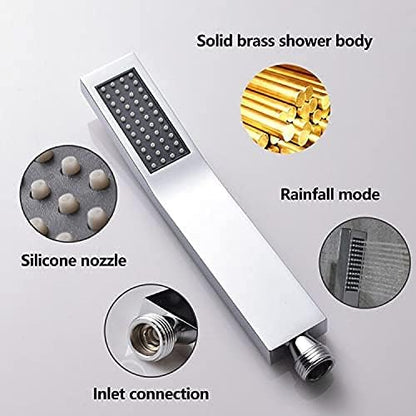 Shower Head Handheld Combo Set With Long Hose Bathroom Brass High Pressure Square All Metal Rainfall Massager Hand Held Shower Head With Bracket Holder, Chrome