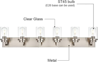 MELUCEE 6-Light Bathroom Lights Over Mirror in Brushed Nickel, Modern Industrial Vanity Lighting Fixture Indoor Wall Lights for Bath Kitchen Powder Room, Clear Glass Shade