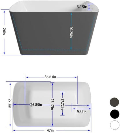 47" Lucite Acrylic Freestanding Bathtub，Square Shape Janpanese Soaking Tub,Toe-tap Chrome Right Drain, Slotted Overflow, cUPC Certified,Glossy 37°Gray