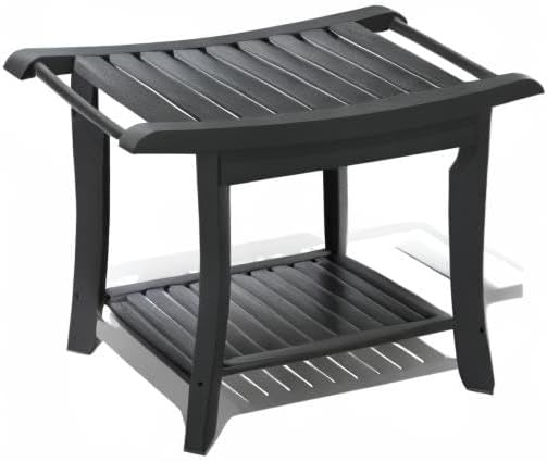 Bamboo Shower Stool Bench Waterproof with Storage Shelf for Shaving Legs or Spa Bath Seat in Bathroom & Inside Shower for Adults Seniors Elderly (24 x 13.4 x 18.5 inches+Black)