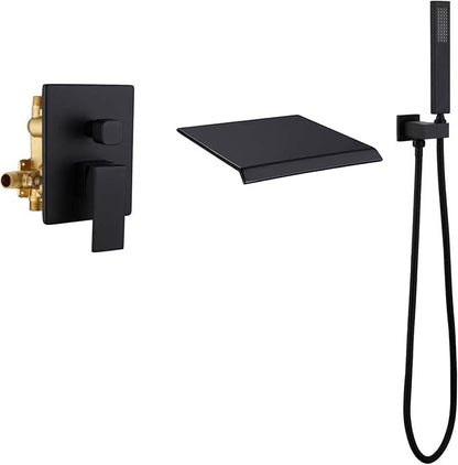 Taplong Wall Mount Tub Faucet with Waterfall Tub Spout Wall Mounted Tub Filler with Handheld Sprayer Black Bathtub Faucet Solid Brass Single Handle Shower Faucet Set with High Flow Rough in Valve