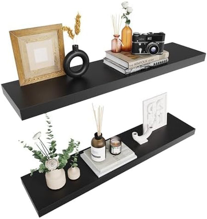 Colima Bathroom Floating Shelves for Wall, 36" Floating Wall Mounted Shelf, Rustic Wood Storage Display Shelf for Home Organization, Bathroom, Kitchen, Living Room (Set of 2, Black)