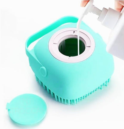 Dog Bath Brush with Shampoo Dispenser – Silicone Pet Grooming Scrubber for Dogs & Cats, Deep Clean + Massage, Easy-Grip Rubber Handle – Pet Shower Tool for Long & Short Hair