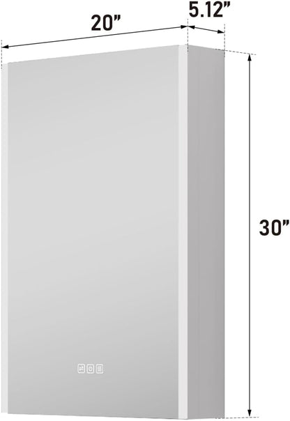 WELLFOR 20" x 30" LED Mirrored Bathroom Cabinet, Mirror Medicine Cabinet with Lights, Defogging LED Mirror Cabinet with Outlets & USB Ports, Surface Mounted, Left Opening Door, Hardwired Connected