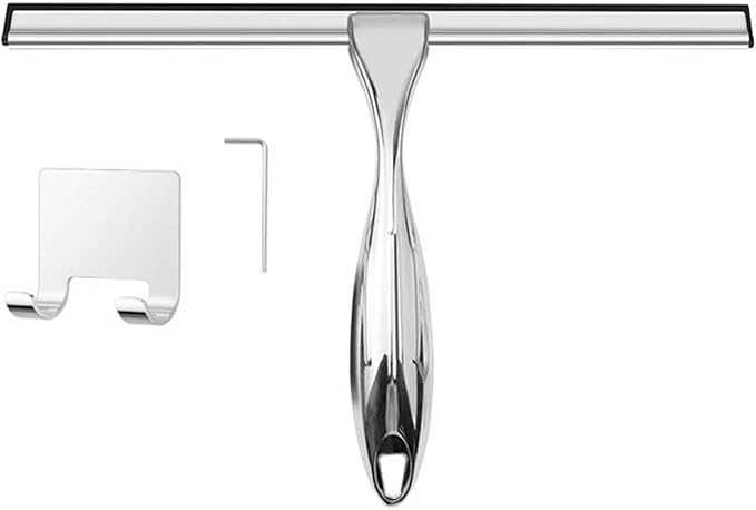 10-Inch Shower Squeegee, Stainless Steel Squeegee for Shower or Window Glass Door, Includes one Adhesive Hook. (Silver, 10 inch)