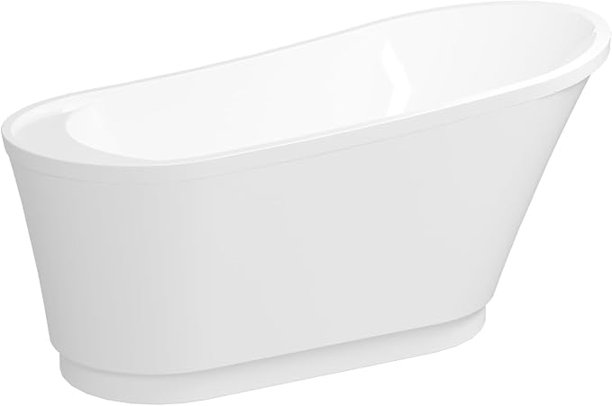 FerdY Langkawi 59" Acrylic Freestanding Bathtub, White Modern Stand Alone Soaking Bathtub, cUPC Certified, Brushed Nickel Drain and Minimalist Linear Design Overflow Included