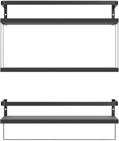RICHER HOUSE 2+1 Tier Wall Mounted Floating Shelves Set of 2, Rustic Wood Wall Shelf with Metal Frame, Extra Storage Rack for Bathroom, Kitchen, Bedroom with Tissue Rack & Towel Bar - Black