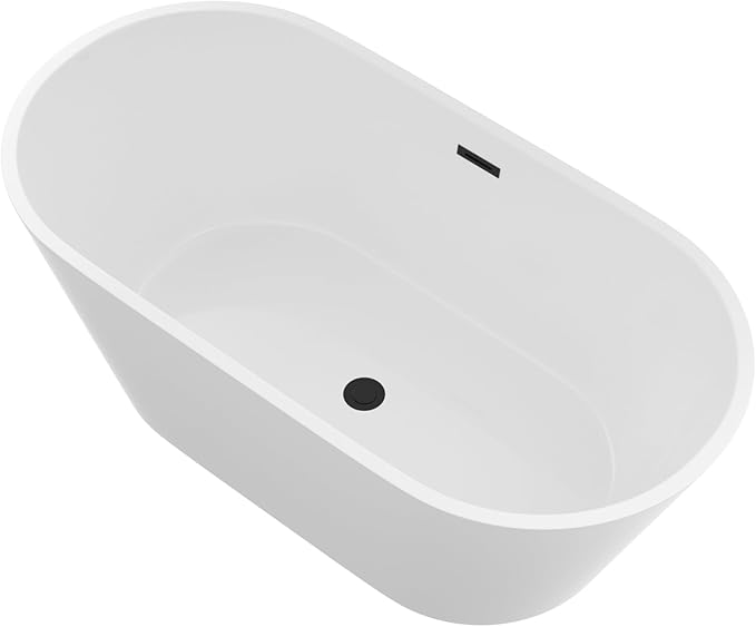 Logmey 59 Inch White Acrylic Freestanding Bathtub Oval Shape Soaking Tub with Black Drain & Overflow Assembly for Classic and Modern Bathrooms