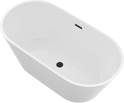 Logmey 59 Inch White Acrylic Freestanding Bathtub Oval Shape Soaking Tub with Black Drain & Overflow Assembly for Classic and Modern Bathrooms