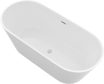 Logmey 67 Inch Freestanding Bathtub White Acrylic Oval Shape Soaking Tub with Chrome Drain & Overflow Assembly for Classic and Modern Bathrooms