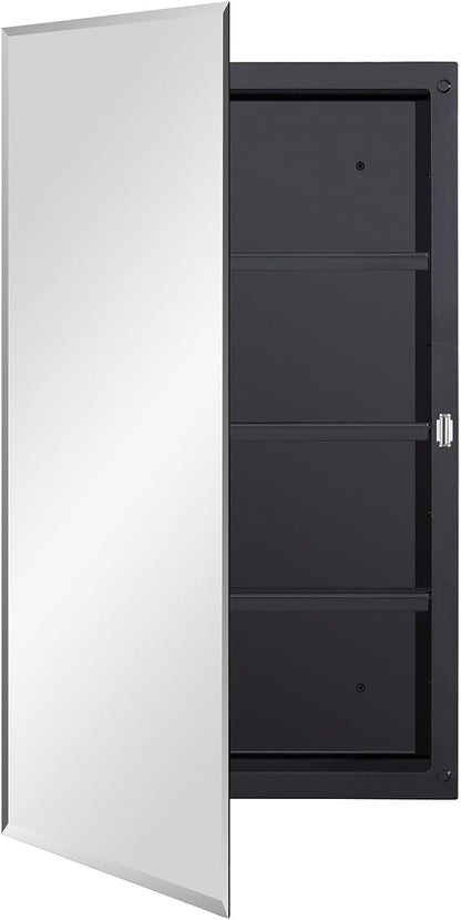Black Plastic Medicine Mirror Cabinet for Bathroom with 18 x 28 inch Beveled Edge Mirror, Recessed and Surface Mount