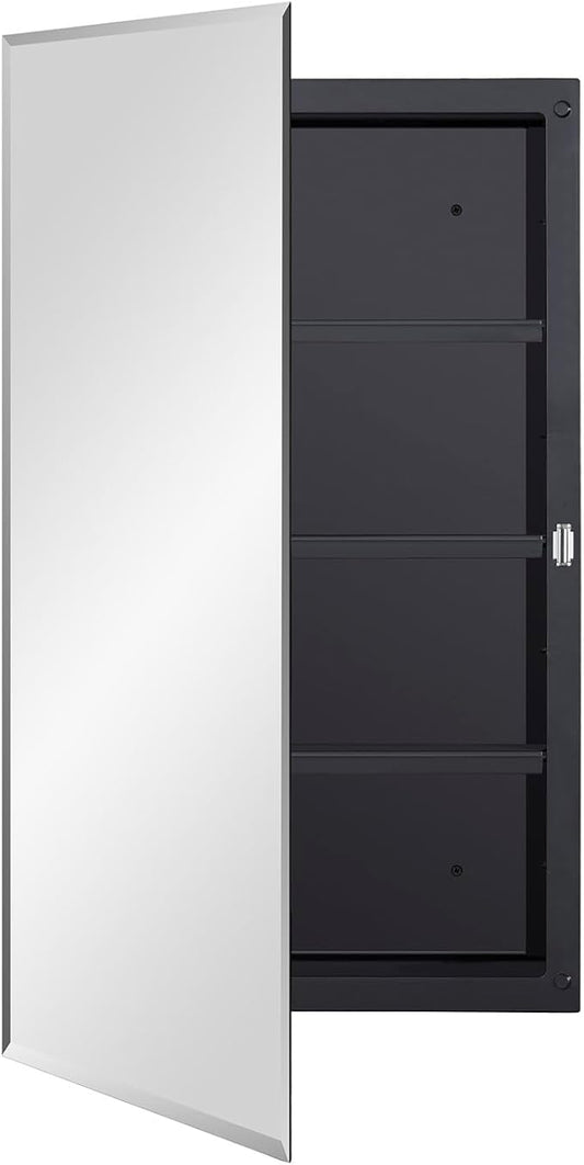 Black Plastic Medicine Mirror Cabinet for Bathroom with 18 x 28 inch Beveled Edge Mirror, Recessed and Surface Mount