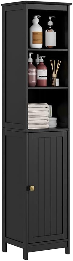 RRX Tall Bathroom Storage Cabinet,Slim Bathroom Cabinet with Door &Shelf,13.8" L*12.6" W*63.4" H,Freestanding Narrow Cabinet with Anti-Tip,Storage for Kitchen,Entryway (Black)