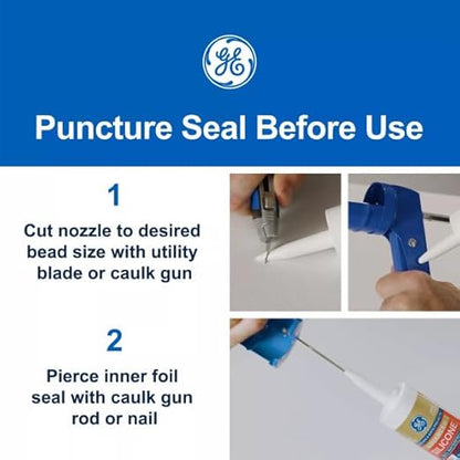 GE Advanced Silicone Caulk for Kitchen & Bathroom, White, 10 fl oz Cartridge, 1 Pack - 100% Waterproof Silicone Sealant, 5X Stronger Adhesion, Shrink & Crack Proof