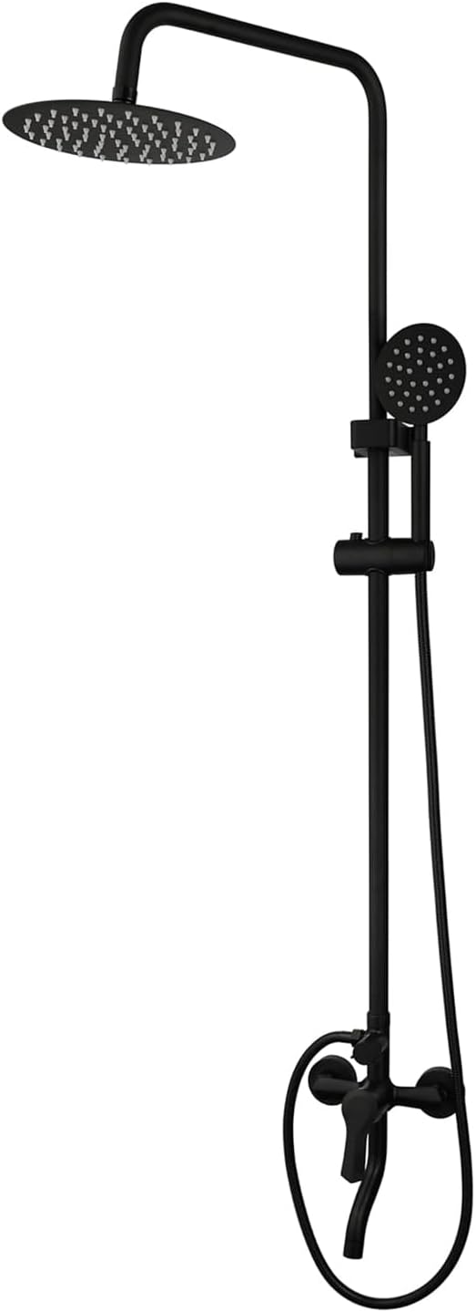 Exposed Shower System 8 Inch Rainfall Shower Head Matte Black Outdoor Shower Fixture 3 Function Stainless Steel Wall Mount Shower Faucet Set with Handheld Sprayer and Tub Spout