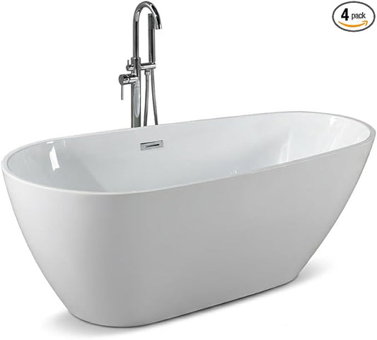 67" Freestanding Acrylic Bathtub, Deep Soaking Tub with Non-Slip Base & Chrome Drain, cUPC Certified, White Pearl