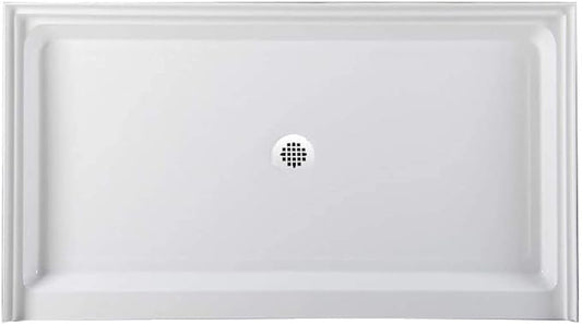 Westbrass SP6036WP-50 60" x 36" 3-Wall Shower Pan with Plastic Center Drain and 4-1/4" Cross Grid Brass Drain Cover, Powder Coat White