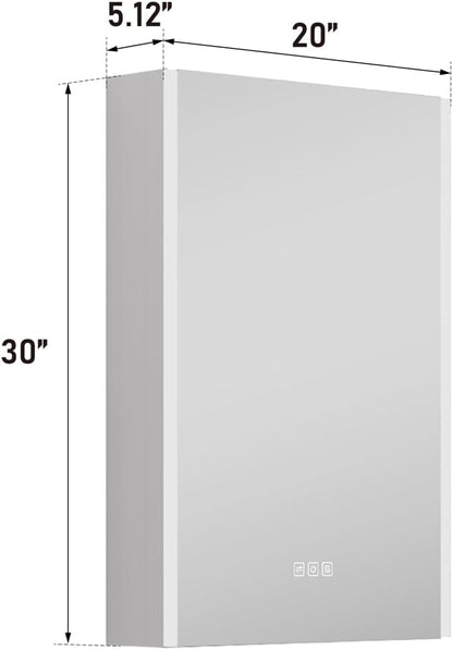 WELLFOR 20" x 30" LED Mirrored Bathroom Cabinet, Mirror Medicine Cabinet with Lights, Defogging LED Mirror Cabinet with Outlets & USB Ports, Surface Mounted, Right Opening Door, Hardwired Connected