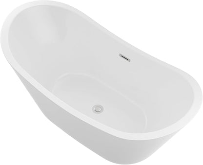 Logmey 59 Inch Freestanding Bathtub White Acrylic Oval Shape Soaking Tub with Chrome Drain & Overflow Assembly for Classic and Modern Bathrooms