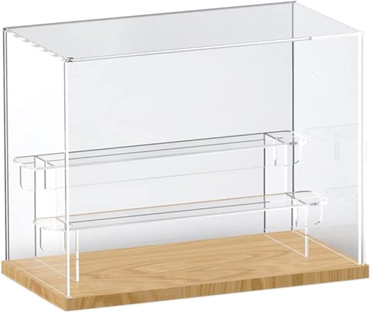 Choowin 3 Tier Clear Acrylic Display Case for Collectibles, Mini Figures, Pop Mart, Labubu, Sonny Angel, Smiski - Assemble Dustproof Acrylic Display Box with Door, Stand (Wood Base, Clear Step)