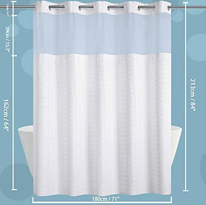 Conbo Mio Extra Long No Hook Shower Curtain with Snap in Liner Set, Hotel Luxury White Fabric Shower Curtains for Bathroom with See Through Top Window, Washable, Waterproof 71W x 84H