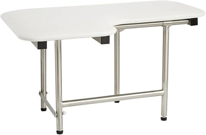 32" x 22.5" White Padded Wall Mount Folding Right-Handed Transfer Bench Shower Seat with Legs, ADA Compliant
