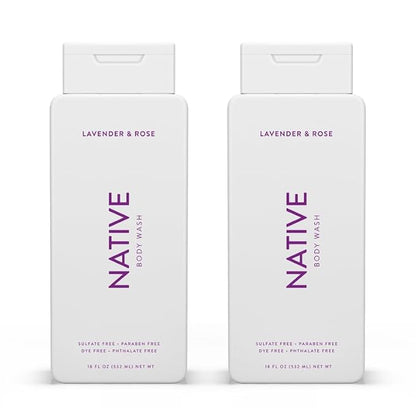 Native Body Wash Contains Naturally Derived Ingredients | For Women & Men, Sulfate, Paraben, & Dye Free Leaving Skin Soft and Hydrated | Lavender & Rose 18 oz - 2 Pk