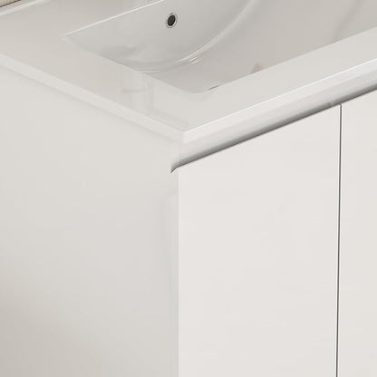 36" Freestanding Bathroom Vanity with Sink, High Gloss White Cabinet, Mid-Century Solid Wood Legs, 2 Doors & 2 Side Drawers, Scandi Modern Storage for Master Bath