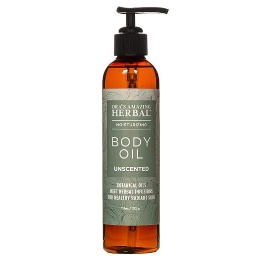 Ora's Amazing Herbal Unscented Body Oil, Fragrance Free Massage Oil with Pump, Moisturizing Body Oils for Men and Women, Herbal Infused Grapeseed Jojoba & Apricot with Calendula, 7.5 Fl Oz