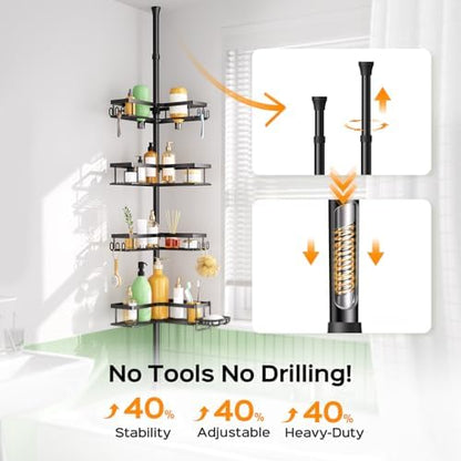 HAMITOR Shower Caddy Tension Pole: 4-Tier Corner Rustproof Bathroom Organizer with Soap Holder & Hooks - No-Drill Adjustable Shower Shelf for Renters - Family Stand Storage Rack - 47-123 Inch Black