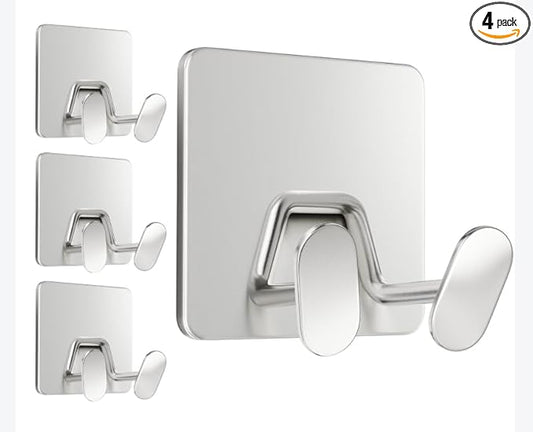 Adhesive Shower Hooks for Inside - Extra Sticky Stainless, Razor Holder Shower Accessories, Wall Mounted Self-Adhesive Double Hooks for Razor, Loofah, Towel, Shaver, Coat, Key, Silver, 4-Pack