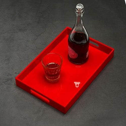 Sturdy Red Acrylic Serving Tray with Handles - 10x15Inch, Coffee, Appetizer, Breakfast, Butler Tray - Kitchen Countertop & Vanity Table Organizer