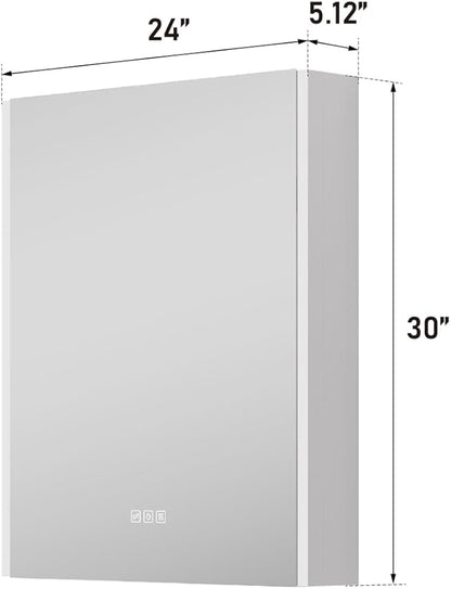 WELLFOR 24" x 30" LED Mirrored Bathroom Cabinet, Mirror Medicine Cabinet with Lights, Defogging LED Mirror Cabinet with Outlets & USB Ports, Surface Mounted, Left Opening Door, Hardwired Connected