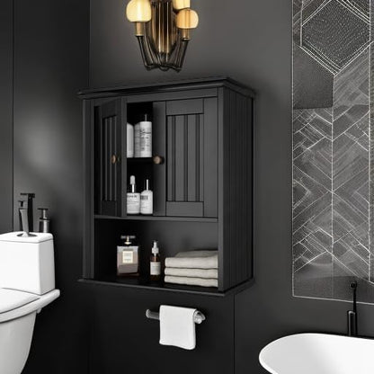 Treocho Wood Wall Cabinet Bathroom Medicine Cabinet Storage with Doors and Adjustable Shelf Wall Mount for Bathroom, Livingroom, Kitchen, Cupboard, Black