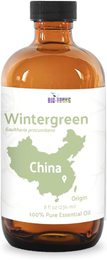 Wintergreen Essential Oil - Direct from Bio-Young Aromas China - Steam Distilled - Aceite de Gaulteria for Aromatherapy, Massage, Diffuser, DIY Candle and Soap Making - 8oz