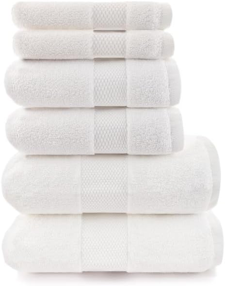Maisonette Elegance 100% Organic Cotton Turkish Bathroom Towels Set, Ideal Quick Dry Luxury Washcloths, Hand & Large Bath Towels for Shower (6 Pack), White