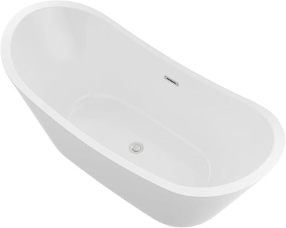 Logmey 67" Freestanding Bathtub White Acrylic Oval Shape Soaking Tub with Chrome Drain & Overflow Assembly for Classic Modern Bathrooms