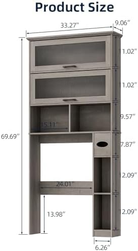 Over The Toilet Storage Cabinet with Transparent Door, Toilet Paper Storage Cabinet with Multi Layer Shelves Suitable for Bathroom, Laundry Room, Freestanding Bathroom Storage Rack,Grey