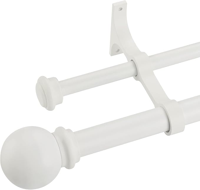 Double Curtain Rod 84 to 120 inch, Adjustable 1 inch Double Drapery Rod Rods for Windows and Doors with Ball Round Finials and Premium Aluminum Brackets Set(84-120",Matte White)