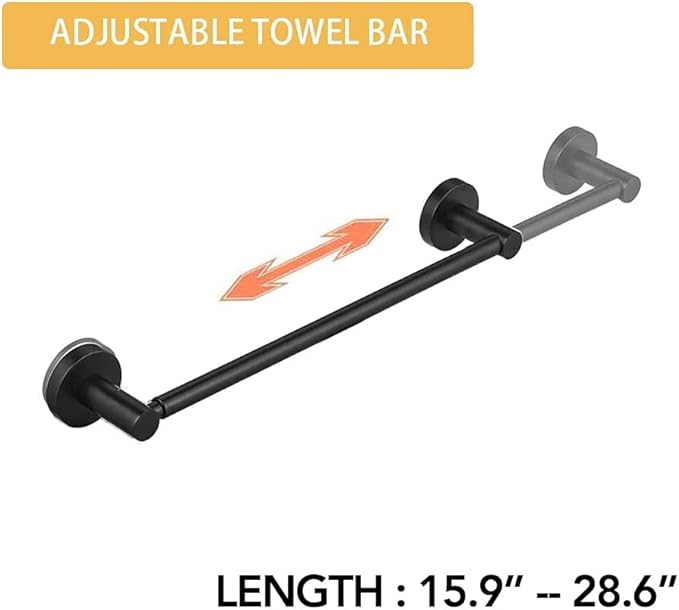 BESy Adjustable 15 to 26 Inch Single Bath Towel Bar Rack for Bathroom Accessories SUS304 Stainless Steel Towel Holder, Wall Mount with Screws Hand Towel Bar Rod Hotel Style, Matte Black