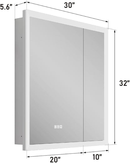 WELLFOR 30 x 32 Inch LED Medicine Cabinet with Lights, 3X Magnification Makeup Mirror, Bathroom Vanity Mirror Cabinet with Storage, Anti Fog, Surface or Recess Mount, Double Opening Door