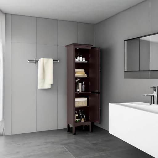 Tangkula 63" Tall Bathroom Storage Cabinet, Freestanding Narrow Linen Tower with Adjustable Shelf, Modern Slim Floor Cabinet with 2 Doors for Bathroom, Living Room, Kitchen (Brown)