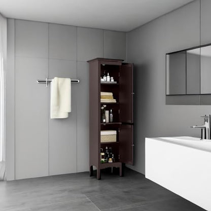 Tangkula 63" Tall Bathroom Storage Cabinet, Freestanding Narrow Linen Tower with Adjustable Shelf, Modern Slim Floor Cabinet with 2 Doors for Bathroom, Living Room, Kitchen (Brown)