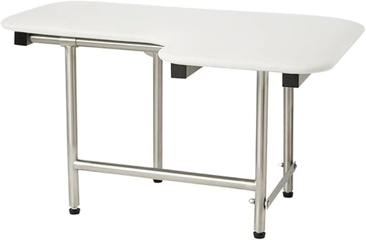 28" x 22.5" White Padded Wall Mount Folding Left-Handed Transfer Bench Shower Seat with Legs, ADA Compliant