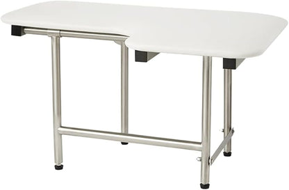 32" x 22.5" White Padded Wall Mount Folding Left-Handed Transfer Bench Shower Seat with Legs, ADA Compliant